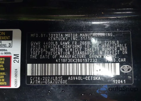 2011 Toyota Camry Se z USA, uszkodzony, nr VIN 4T1BF3EK2BU197232